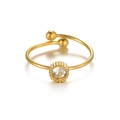 Adjustable gold ring with beaded bezel round crystal and twin ball ends on white surface - Gold-Round Rhinestone