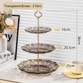 3-tier amber glass fruit stand with gold metal handle and 16-25cm plates for desserts - Triple Layer / Transparent Coffee