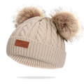 Beige knitted winter hat for children featuring double brown faux fur pom-poms - Double Pom-Pom Khaki Hat