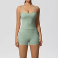 Front view of mint green double-sided brushed yoga tank top and high-waist sports shorts - S / Top And Bottom / Basil Green