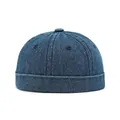 Vintage dark blue denim miki hat without brim featuring roll-up edge and twill texture - Adjustable / Dark Blue