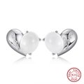 S925 sterling silver heart stud earrings with white opal and Love engraving - White Oval Gem Heart - Silver