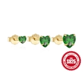 925 Sterling Silver heart green emerald stud earrings in gold finish set of three - 925 Silver / Gold-Green Zirconia