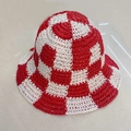 Women's handmade crochet bucket hat with red and white checkered pattern for summer sun - One Size / Blue