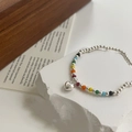 Rainbow beaded bracelet with silver metal beads and a polished heart charm on white stone - Rainbow Heart Style (SL0661)