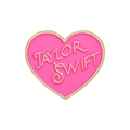 Pink heart enamel pin featuring gold Taylor Swift lettering with a metallic border - Pink Heart Style (QHXZ360)