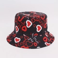 Black bucket hat with red heart patterns and Love you text print for summer sun protection - Black Red White Heart LoveYou Style