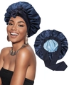 Detail of double-layered navy blue satin sleep cap featuring long ribbons and silky lining - M / Navy Blue