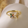 Gold-plated adjustable ring featuring clover with colored gems and hexagram star - Clover Star Style (13799)