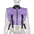 Detail of purple utility vest featuring zipper closure and black tactical buckles - Purple