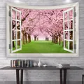 Detail eines 3D-Fenster-Wandteppichs mit Kirschblütenallee auf einer Ziegelwand - 150x130cm / 3D Falsches Fenster Kirschblütenstraße