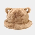 Chapeau bob en peluche kaki avec oreilles d'ours et texture douce en fausse fourrure - M (56-58cm) / Kaki