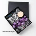 Natural Labradorite stone crystal set in black gift box with wooden slice and raw minerals - Labradorite