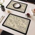 Waterproof leather placemat with floral line art and birds in black and white finish - Square Rounded / 1 Piece / French Vintage Style-C