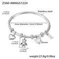 Silver stainless steel bangle with heart and bear charms and zircon accents - Silver Heart Bear Charm Bangle