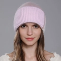 Berretto invernale da donna in maglia di pelliccia di coniglio rosa e viola a maglia grossa - Rosa + Rosa Antico
