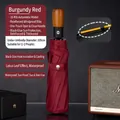 Burgundy 10-rib automatic folding umbrella with black UV protection coating - 10k Wooden Handle Automatic Umbrella - Burgundy / Gift Box Not Included
