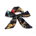 Elegant black ribbon scarf with gold chain and red heart prints, tied in a bow - S49-Black Vintage Heart Chain