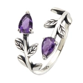 Macro shot of S925 sterling silver ring with purple amethyst pear-shaped gemstones - Bilateral Leaf Open Ring (LR340)