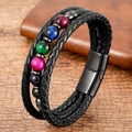 Detail of multilayer braided leather bracelet with colorful stone beads and magnetic clasp - Black Leather + Multicolor Beads