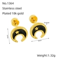 Macro detail of 18k gold plated stainless steel moon and star earrings with black enamel - Black