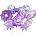Detailed 2nd birthday purple balloon set with butterfly and sunflower foil decorations - Iridescent Purple Butterfly Balloon Set (Number 2)