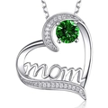 Silver heart necklace with green gemstone and MOM engraving for Mother's Day gifts - Green Zirconia