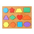 Colorful 12-shape wooden matching puzzle on natural board for early learning - Wood Grain Shapes Board