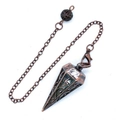Antique bronze hexagonal cone pendulum with engraved lightning pattern on white background - Copper