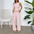 Pink two-piece set featuring a one-shoulder top and wide-leg pants in pleated texture - XS / Lotus Pink