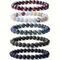 5-piece lava stone and tiger eye beaded bracelet set with 8mm natural stones for couples - Red Tiger Eye + Amazonite + Agate + Lava + Matte Black