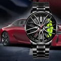 Orologio uomo design cerchione auto con cinturino nero e pinza freno verde fluo - T38 Cinturino in Acciaio Nero Ruota Verde