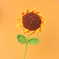 Handmade knitted sunflower flower made of yellow yarn with green leaves and stem - Sunflower / Dark Brown