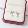 Elegant gold knot stud earrings with crystals and white pearls in a premium jewelry box - E2940-Gold Knot Pearl Pave Studs