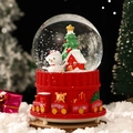 Christmas snowman glass snow globe with red train base and festive holiday elements - Christmas Snowman (2041) / 8cm Music + Light