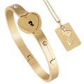 Golden titanium steel heart lock bracelet and key necklace set with sparkling crystals - No Diamond Square Tag / Gold