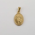 Macro detail of oval gold stainless steel pendant featuring embossed floral design elements - Gold-Oval Flower