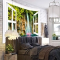 Detailed view of nature landscape wall tapestry featuring a waterfall and faux window design - Green Forest Waterfall