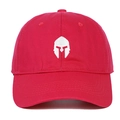 Close-up of white Spartan helmet embroidery on a high-quality red cotton baseball cap - Rose Red / Adjustable