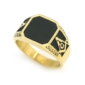 Vintage gold Freemason signet ring for men with square black onyx stone and side engraving - Gold-Black Stone