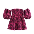 Hot pink jacquard floral off-shoulder mini dress with puff sleeves and cinched waist - XS / Rose Red