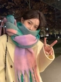 Thick mohair checkered scarf with pink and green plaid pattern and soft tassels - Pink Green Rainbow