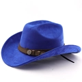 Detail of royal blue cowboy hat featuring a brown leather band and vintage metal buckle - M (56-58cm) / Sapphire Blue