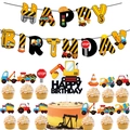 Construction theme birthday party set with HAPPY BIRTHDAY banner and cake toppers - Excavator Banner and Topper Set