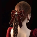 Elegante fermaglio per capelli in velluto rosso vino a doppio fiocco con perle e perline - Rosso