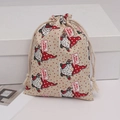 Christmas burlap drawstring gift bag featuring red polka dots and gnome motifs - 10*14cm / Linen Christmas Gnome Style