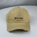 Close-up of khaki baseball cap with distressed brim and Haaaaapy letter embroidery - One Size (58-60cm) / Khaki