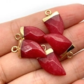 Red chili faceted natural stone pendant with gold bezel and bail held in hand - 10x20mm / No. 6 / Red