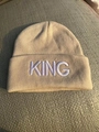 Beige knit beanie with white KING embroidery for couples winter fashion headwear - Beige White KING