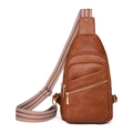 Brown faux leather crossbody chest bag with geometric woven strap and gold hardware - Brown